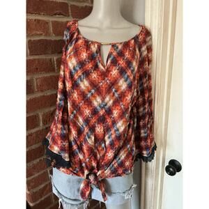 Ruby Rd. Plaid Blouse Women’s L Lace Trim Keyhole Front 3/4 Sleeves Flowy Boho